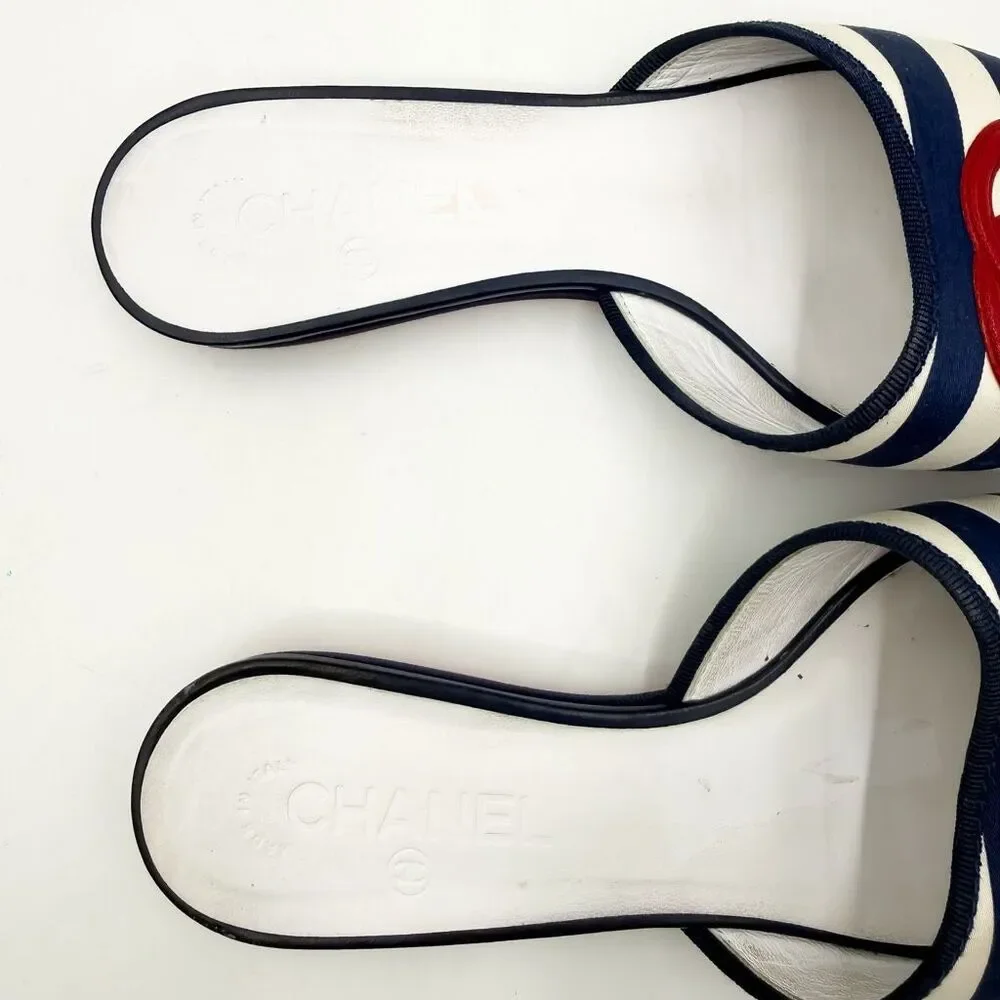 Chanel CC Logo Navy White Stripe Sandals Flats EU 9 US 8-8.5